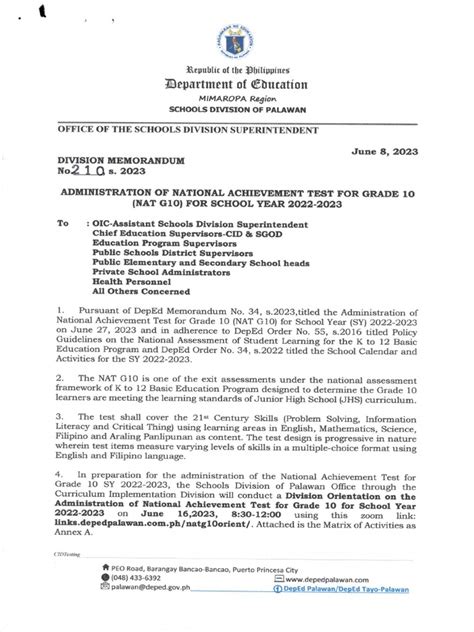 Division Memorandum No. 210 S. 2023 Administration of National .